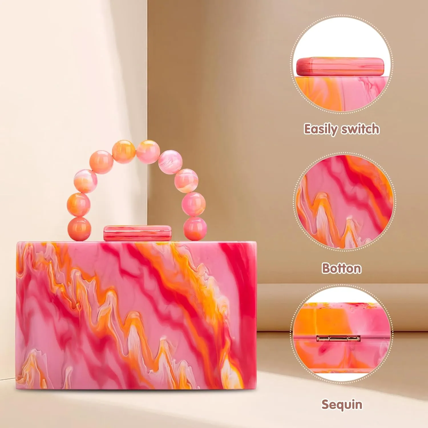 Acrylic Purses Evening Clutch Bag Marbling Handbags for Women Cross Body Bag with Pearl Chain Formal Wedding Prom Party