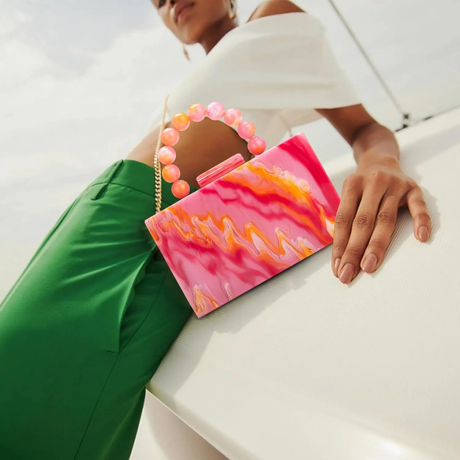 Acrylic Purses Evening Clutch Bag Marbling Handbags for Women Cross Body Bag with Pearl Chain Formal Wedding Prom Party