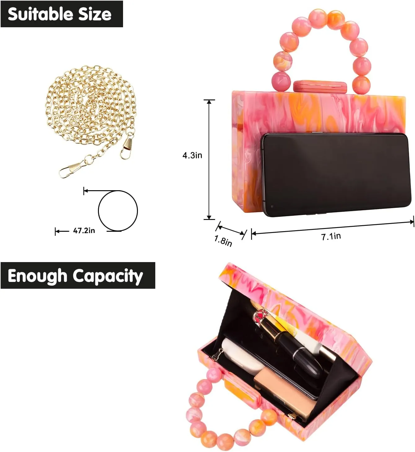 Acrylic Purses Evening Clutch Bag Marbling Handbags for Women Cross Body Bag with Pearl Chain Formal Wedding Prom Party