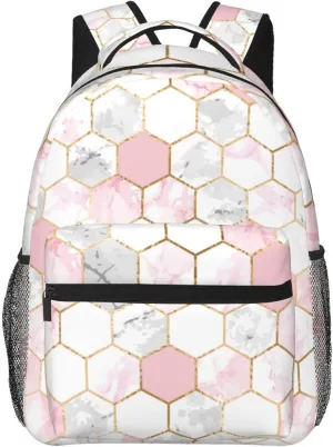 Adults Lightweight Geometric Gold Pink Gray White Marble Hexagon Tile Texture Shoulder Book Bags Big Capacity Shoulder Bag With Adjustable Shoulder Straps for Trekking Work Walking Cycling
