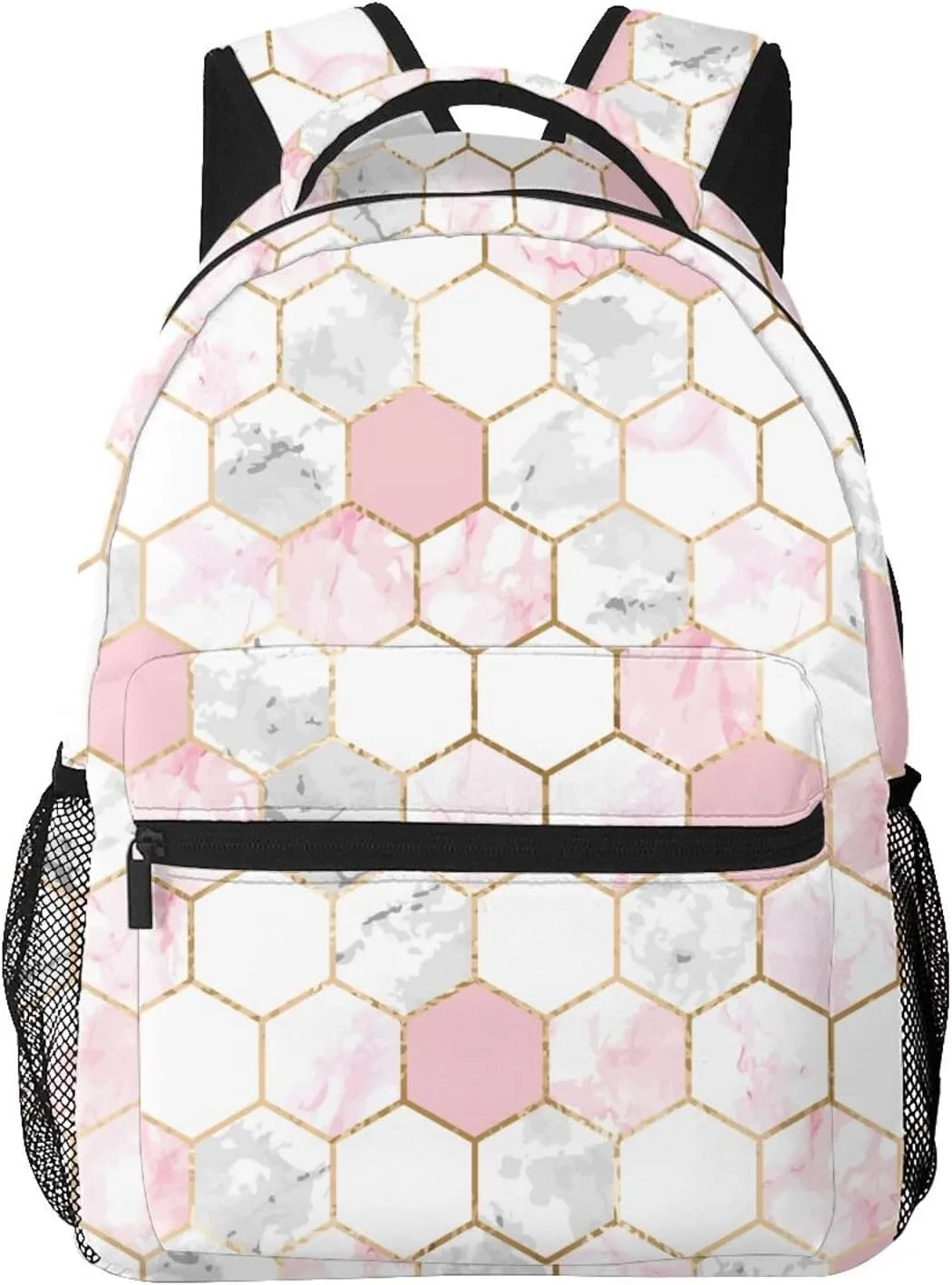 Adults Lightweight Geometric Gold Pink Gray White Marble Hexagon Tile Texture Shoulder Book Bags Big Capacity Shoulder Bag With Adjustable Shoulder Straps for Trekking Work Walking Cycling