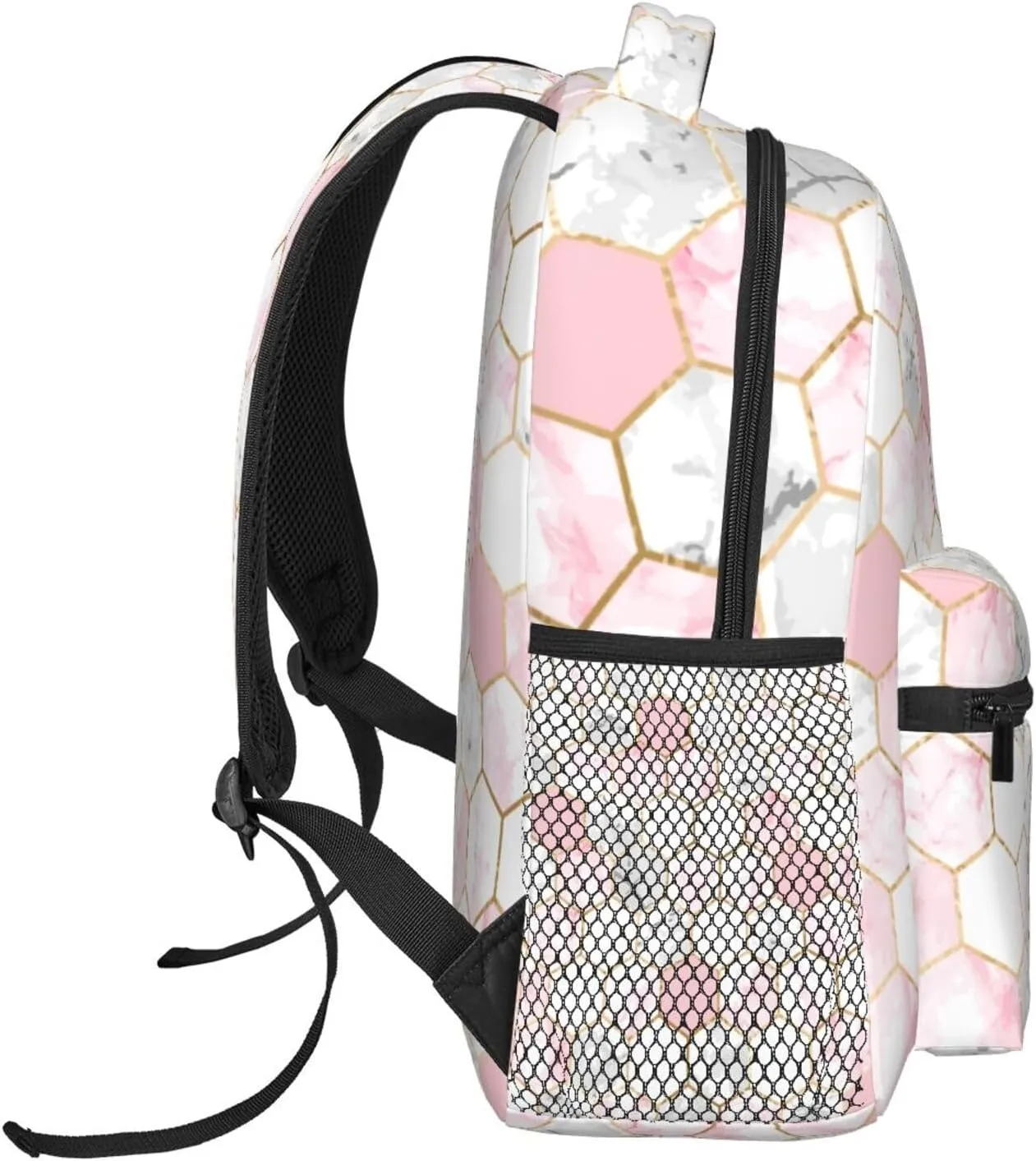 Adults Lightweight Geometric Gold Pink Gray White Marble Hexagon Tile Texture Shoulder Book Bags Big Capacity Shoulder Bag With Adjustable Shoulder Straps for Trekking Work Walking Cycling