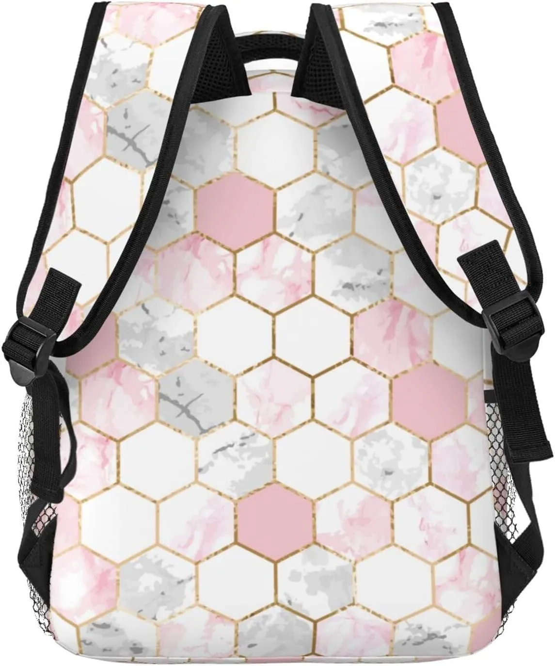 Adults Lightweight Geometric Gold Pink Gray White Marble Hexagon Tile Texture Shoulder Book Bags Big Capacity Shoulder Bag With Adjustable Shoulder Straps for Trekking Work Walking Cycling