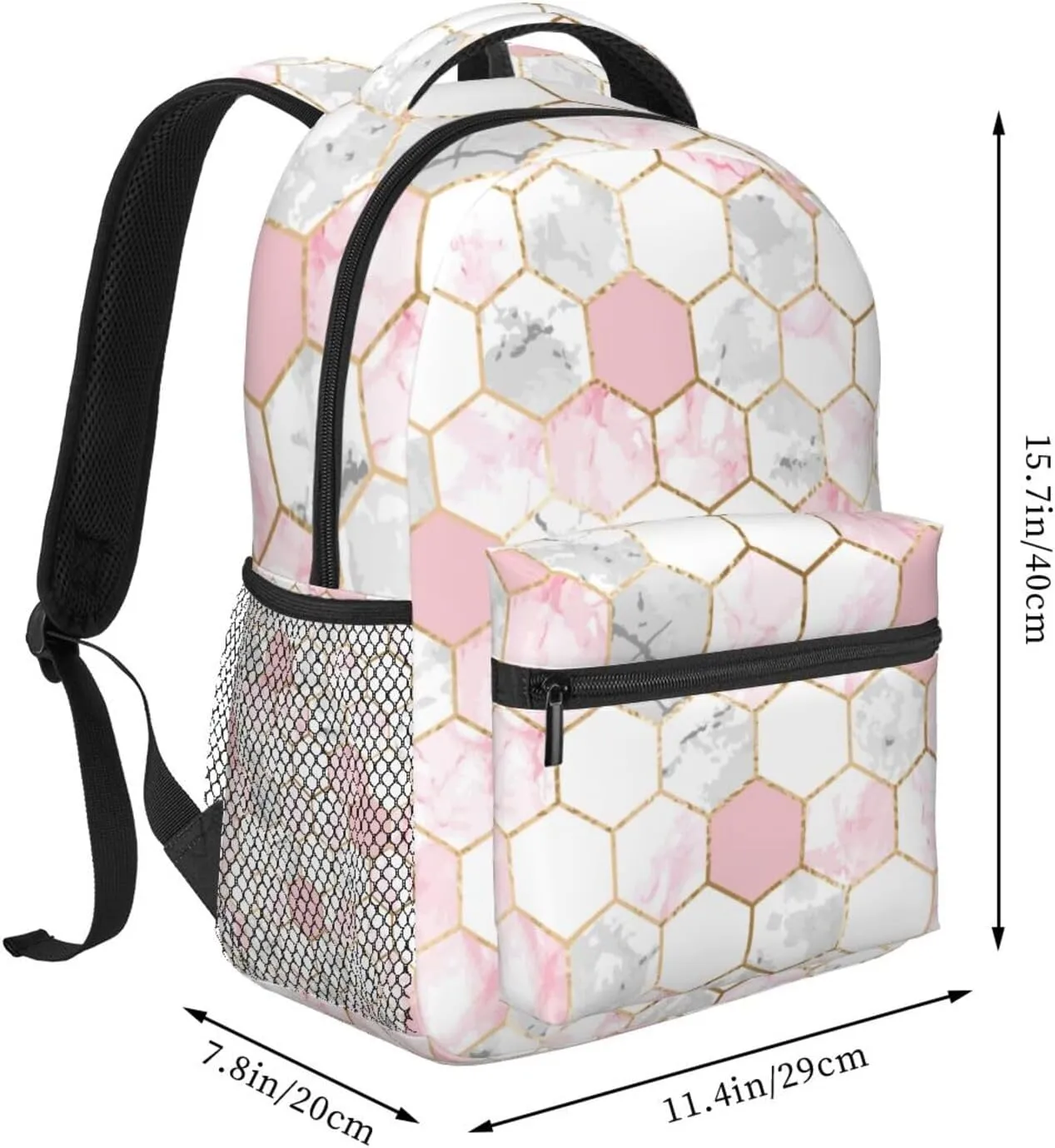 Adults Lightweight Geometric Gold Pink Gray White Marble Hexagon Tile Texture Shoulder Book Bags Big Capacity Shoulder Bag With Adjustable Shoulder Straps for Trekking Work Walking Cycling