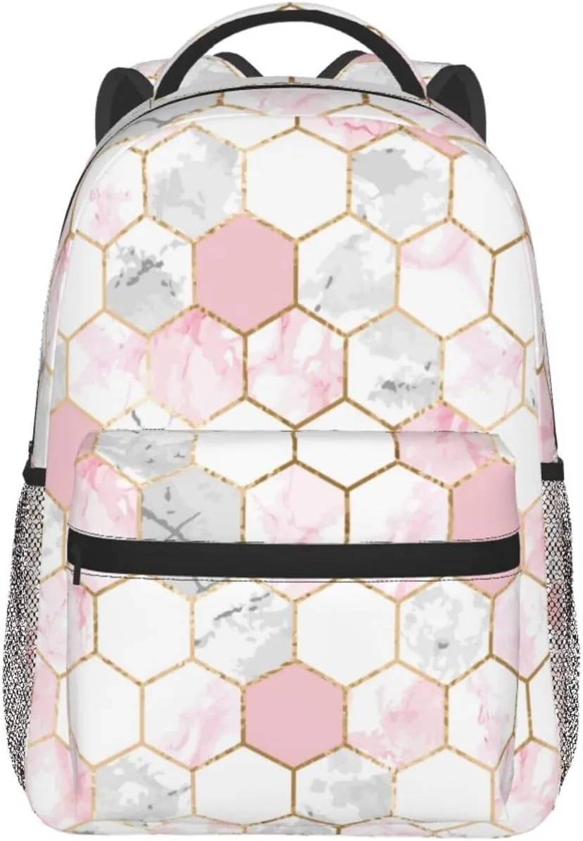 Adults Lightweight Geometric Gold Pink Gray White Marble Hexagon Tile Texture Shoulder Book Bags Big Capacity Shoulder Bag With Adjustable Shoulder Straps for Trekking Work Walking Cycling