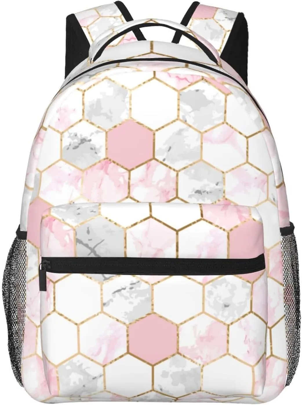 Adults Lightweight Geometric Gold Pink Gray White Marble Hexagon Tile Texture Shoulder Book Bags Big Capacity Shoulder Bag With Adjustable Shoulder Straps for Trekking Work Walking Cycling