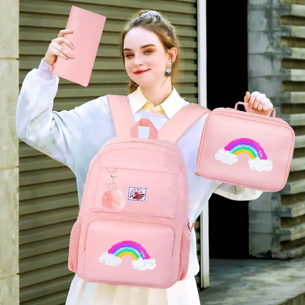 AGSDON 3PCS Backpack for Girls Set, Laptop College School Bookbag and lunch bog, Water Resistant Backpacks