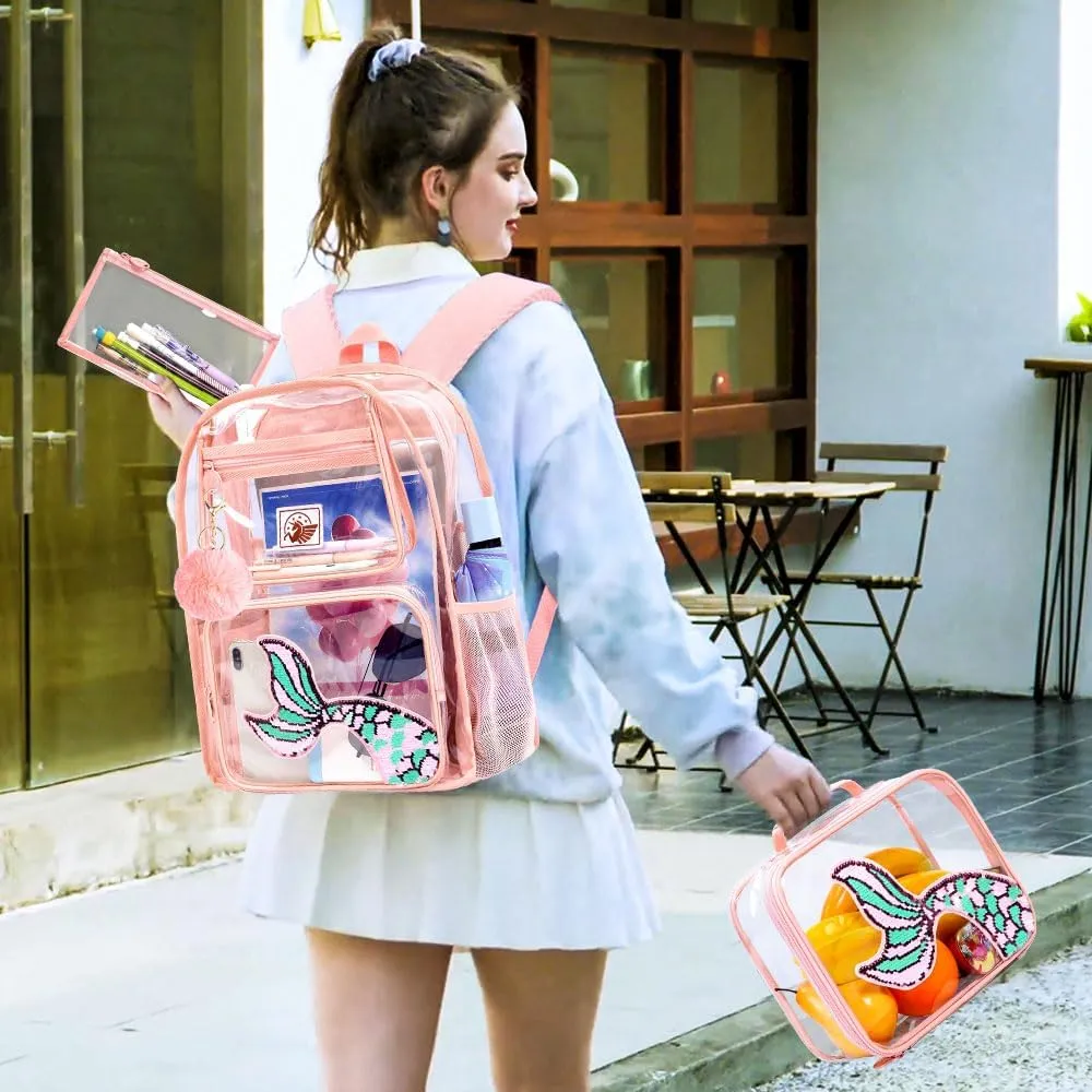 AGSDON 3PCS Clear Backpack for Girls, Kids Mermaid Transparent Backpack with Heavy Duty PVC, See Through Backpacks with Lunch Bag-Pink