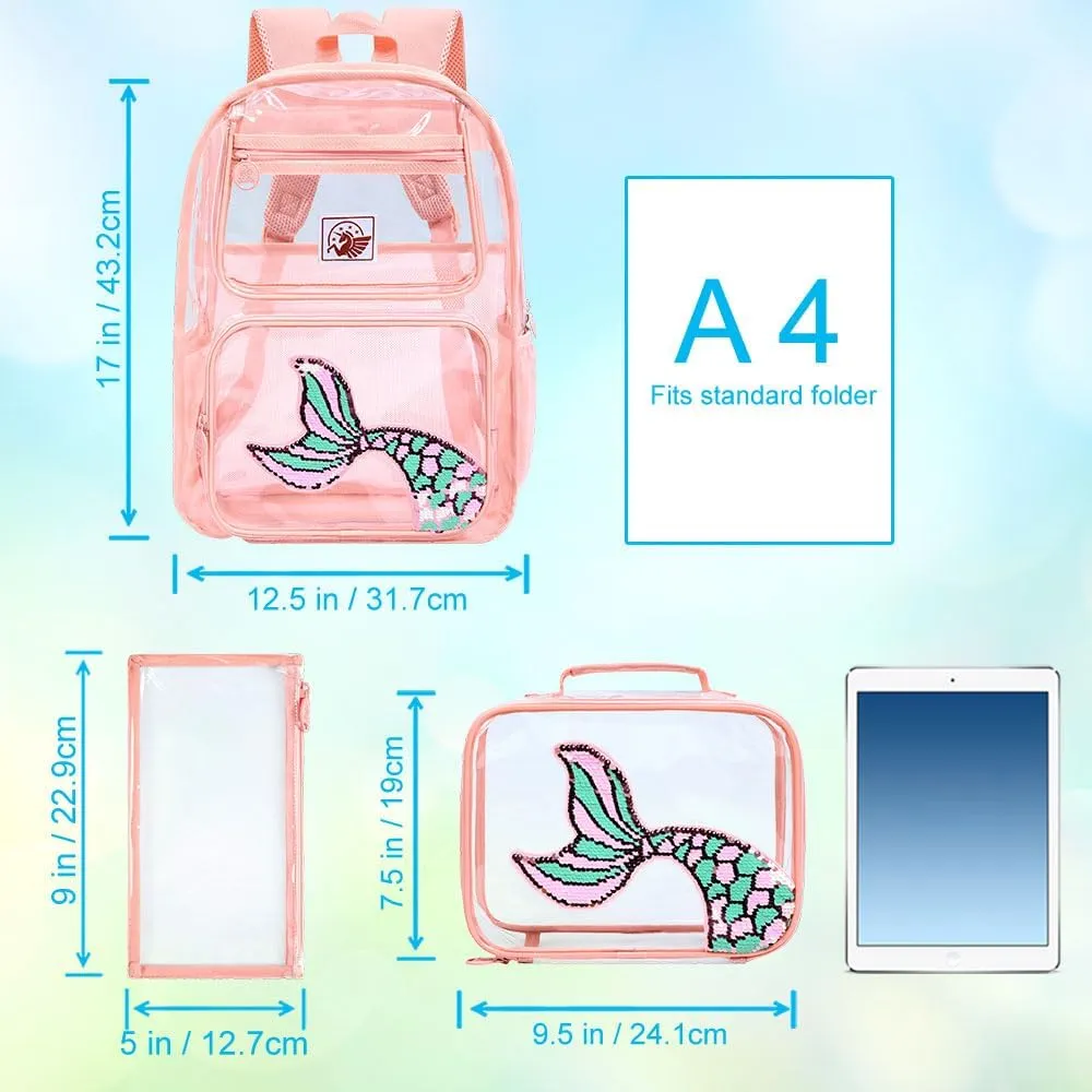 AGSDON 3PCS Clear Backpack for Girls, Kids Mermaid Transparent Backpack with Heavy Duty PVC, See Through Backpacks with Lunch Bag-Pink