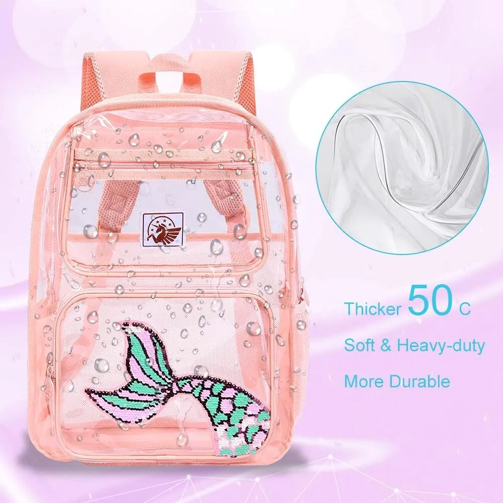 AGSDON 3PCS Clear Backpack for Girls, Kids Mermaid Transparent Backpack with Heavy Duty PVC, See Through Backpacks with Lunch Bag-Pink