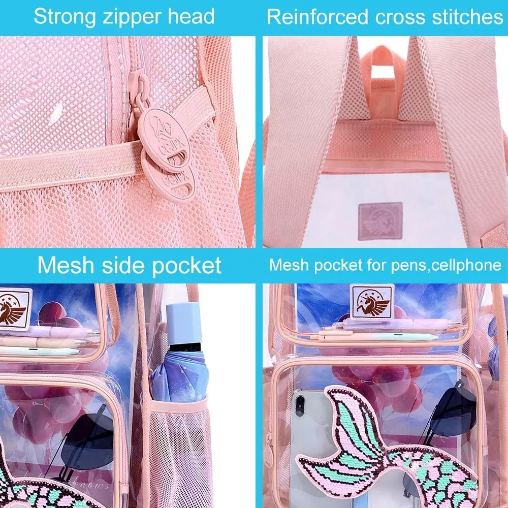 AGSDON 3PCS Clear Backpack for Girls, Kids Mermaid Transparent Backpack with Heavy Duty PVC, See Through Backpacks with Lunch Bag-Pink