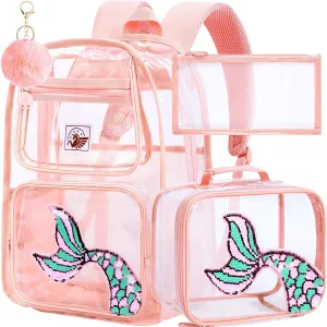AGSDON 3PCS Clear Backpack for Girls, Kids Mermaid Transparent Backpack with Heavy Duty PVC, See Through Backpacks with Lunch Bag-Pink