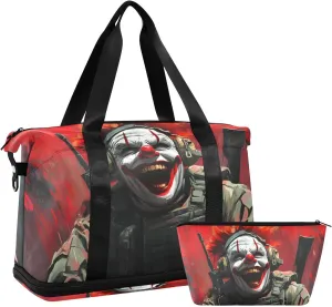 AIXIWAWA Clown Soldier Duffel Bags Set with Shoes Compartment Trolley Sleeve Removeable Strap for Workout Travel Gym