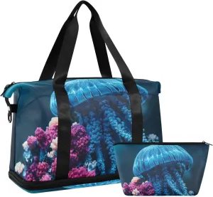AIXIWAWA Duffel Bag Jellyfish Blue Print for Travel Gym with Shoes Compartment Large Capacity with Toiletry Bag