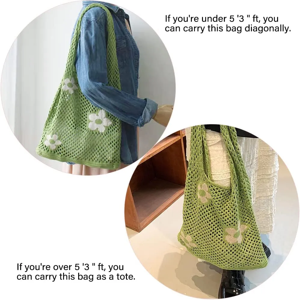 AIYUENCICI Crochet Tote, Fairy Hobo for Women - Y2k Purse, Knitted Shoulder Bag for Girls - Mesh Beach Bags