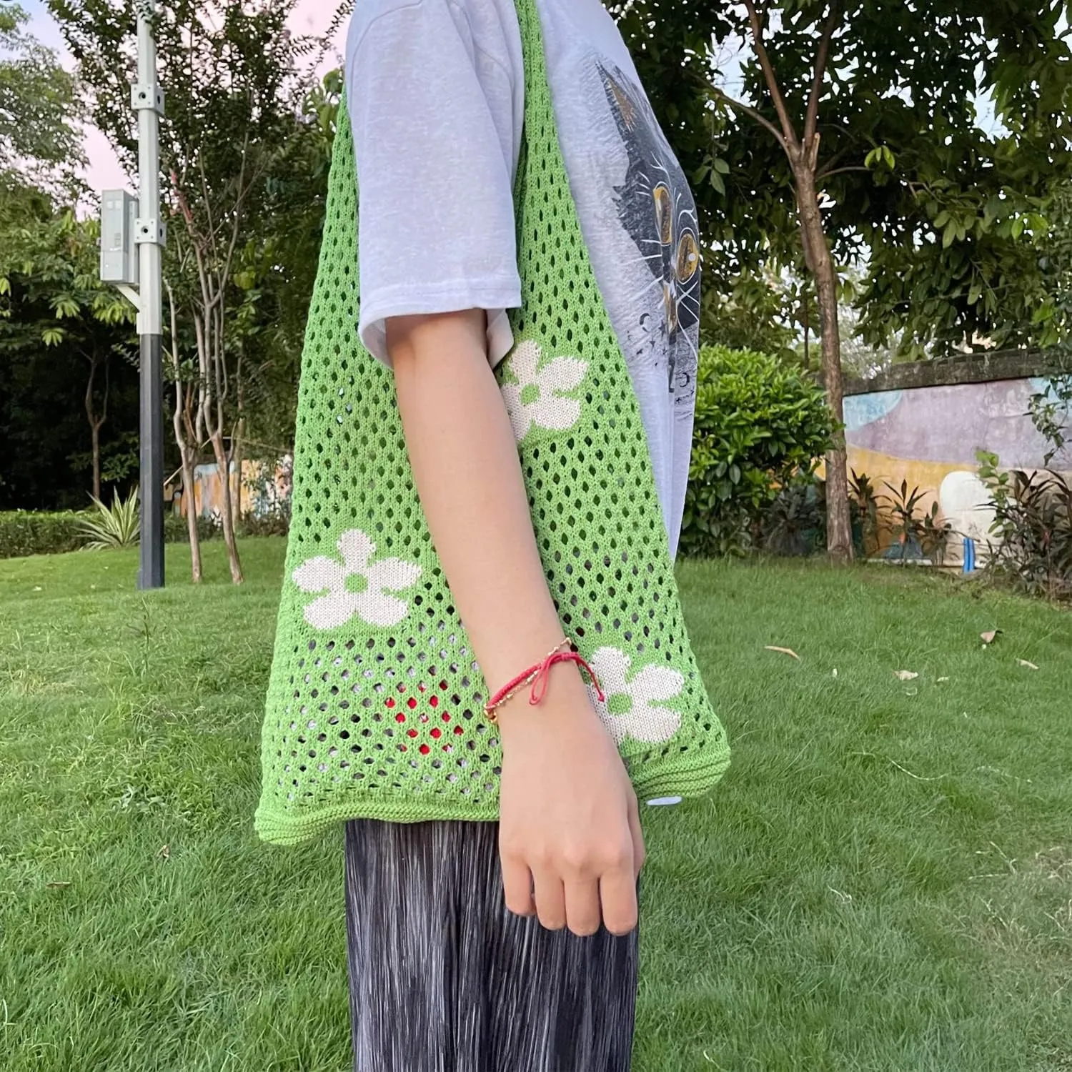 AIYUENCICI Crochet Tote, Fairy Hobo for Women - Y2k Purse, Knitted Shoulder Bag for Girls - Mesh Beach Bags