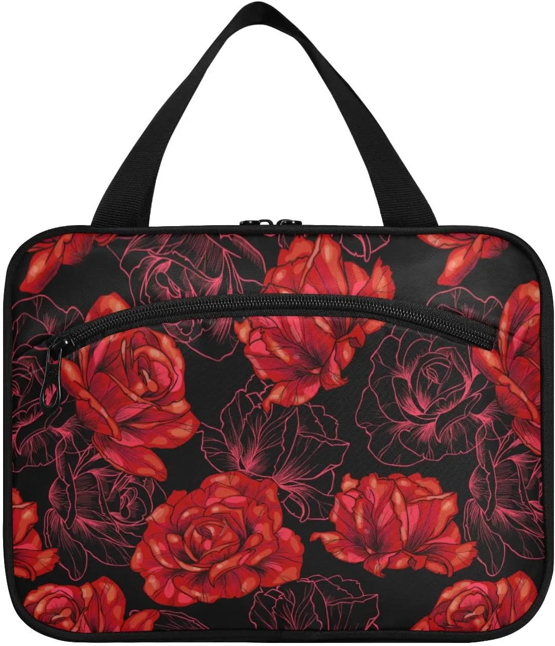ALAZA Red Rose Flower on Black Background Toiletry Bag Travel Hanging Cosmetic Bag Portable Makeup Organizer for Women Men College Dorm Home Bathroom Business Trip
