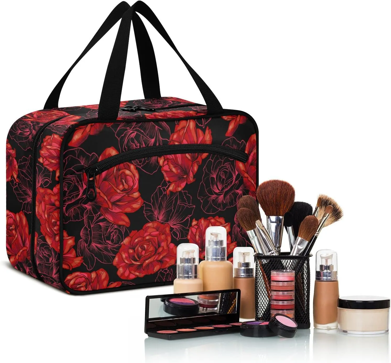 ALAZA Red Rose Flower on Black Background Toiletry Bag Travel Hanging Cosmetic Bag Portable Makeup Organizer for Women Men College Dorm Home Bathroom Business Trip