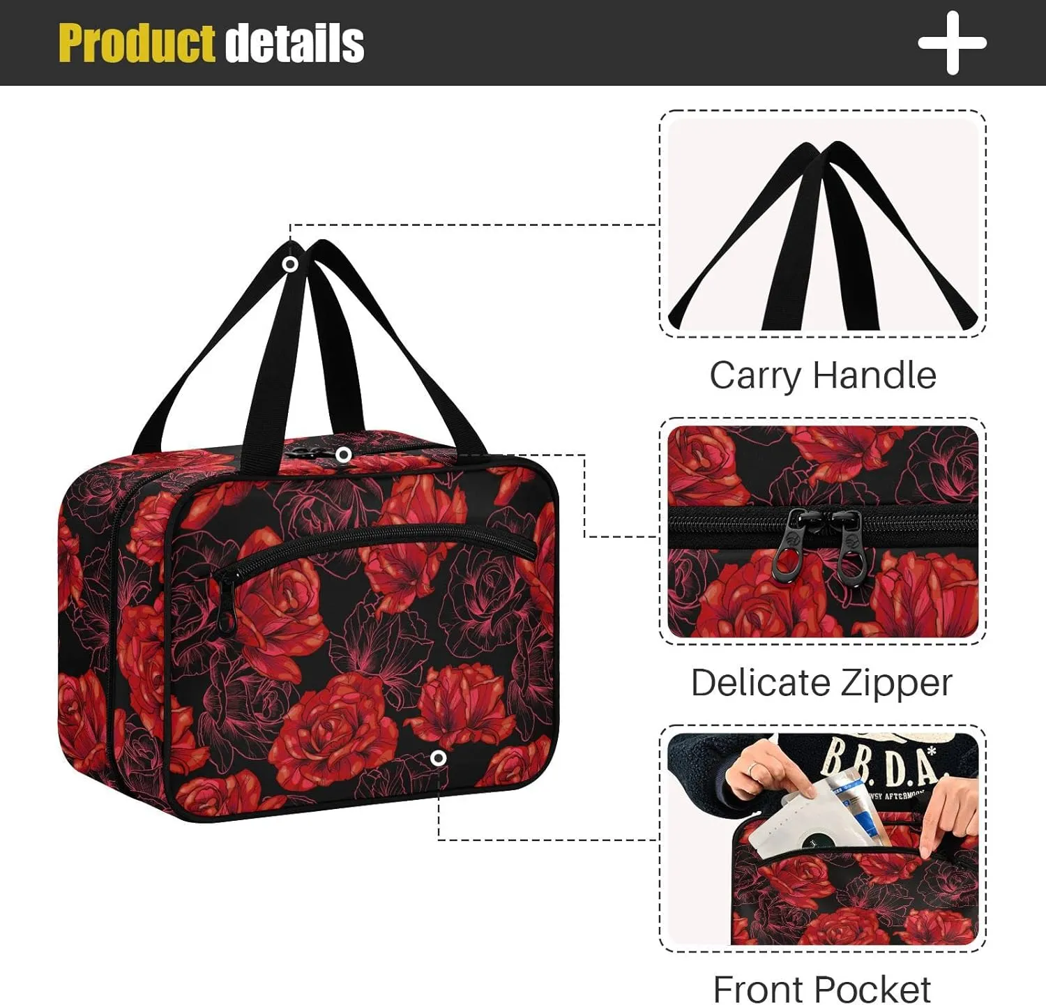 ALAZA Red Rose Flower on Black Background Toiletry Bag Travel Hanging Cosmetic Bag Portable Makeup Organizer for Women Men College Dorm Home Bathroom Business Trip