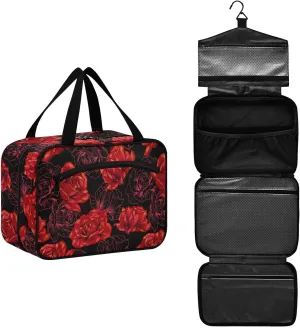 ALAZA Red Rose Flower on Black Background Toiletry Bag Travel Hanging Cosmetic Bag Portable Makeup Organizer for Women Men College Dorm Home Bathroom Business Trip