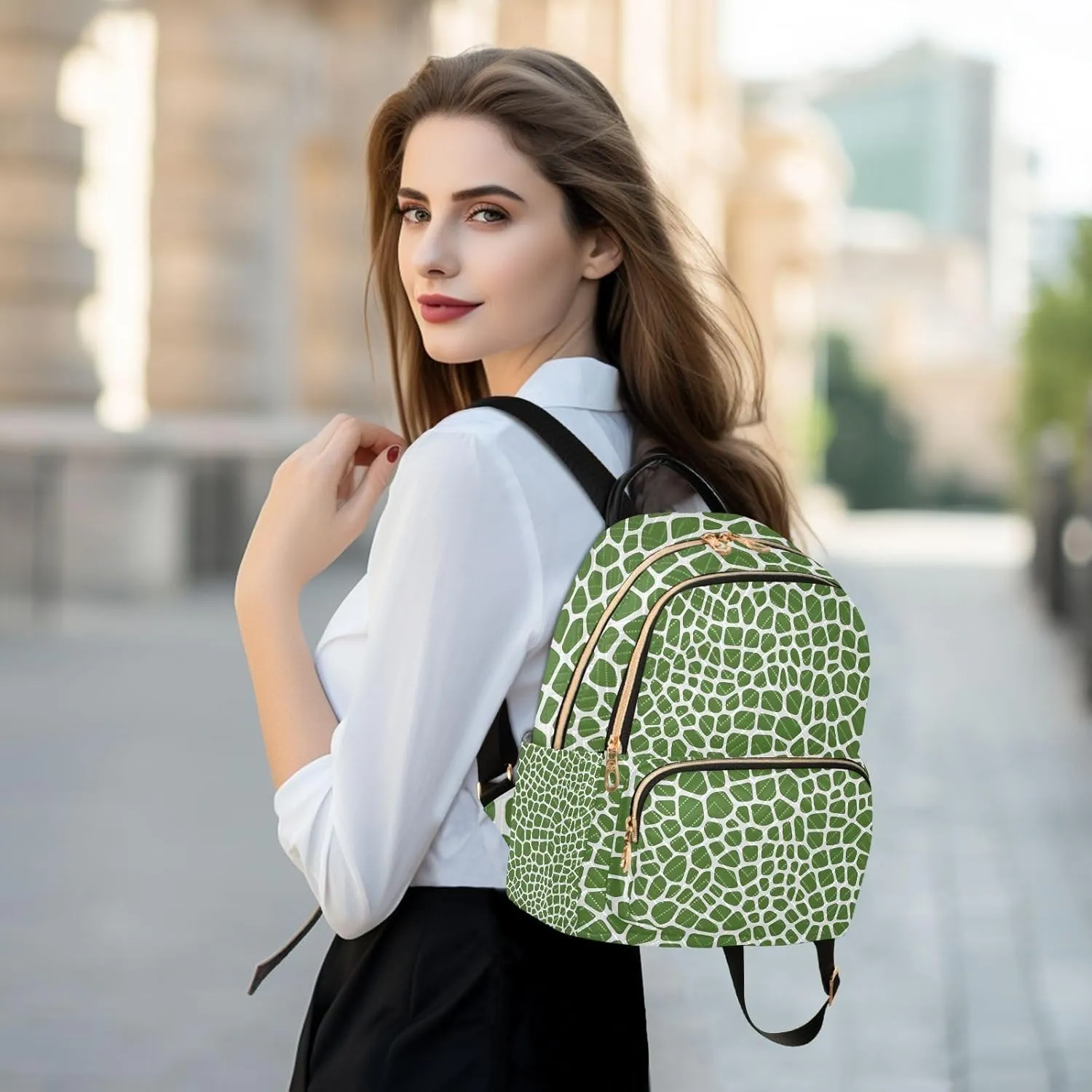 ALAZA Small Backpack Purse for Women Teen Girls Lizard Skin Green Pattern Quilted Backpack Fashion Bookbag Mini School Daypack Ladies Everyday Purses Shoulder Bag