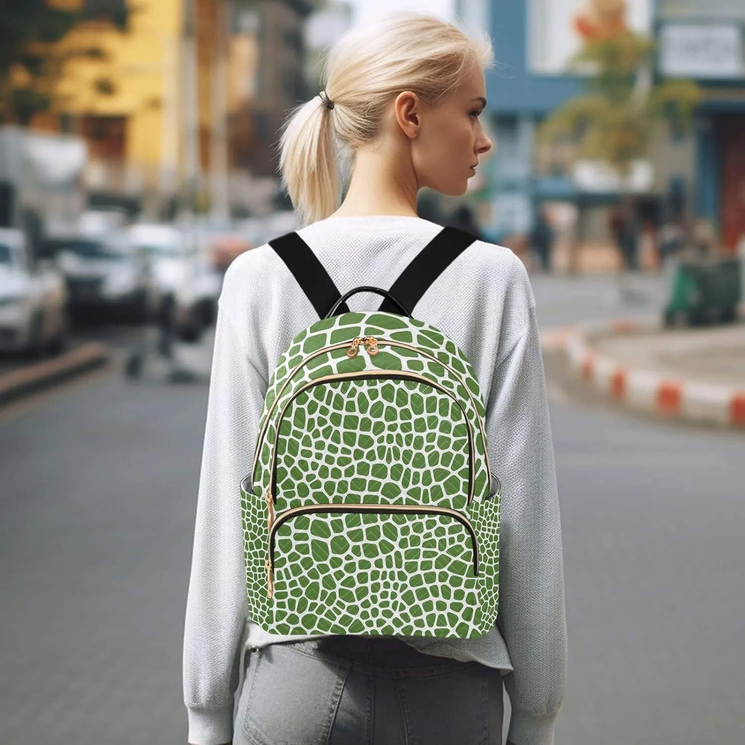 ALAZA Small Backpack Purse for Women Teen Girls Lizard Skin Green Pattern Quilted Backpack Fashion Bookbag Mini School Daypack Ladies Everyday Purses Shoulder Bag