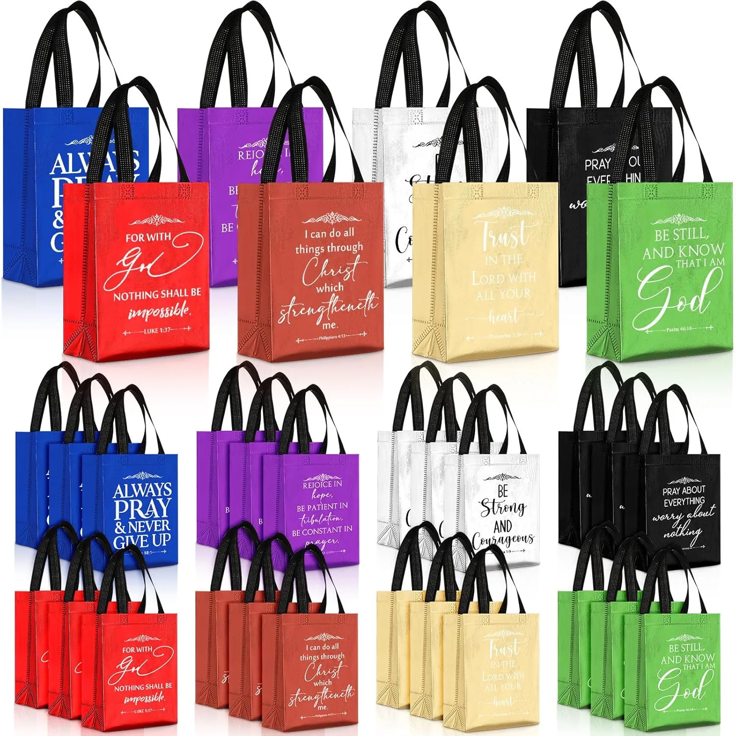 Aliceset 40 Pcs Religious Gift Bags Bulk with Handle 8 Colors Medium Reusable Bible Verse Non Woven Gift Bags for Welcome Visitors Church Baptism Easter Mother's Day Party Favors