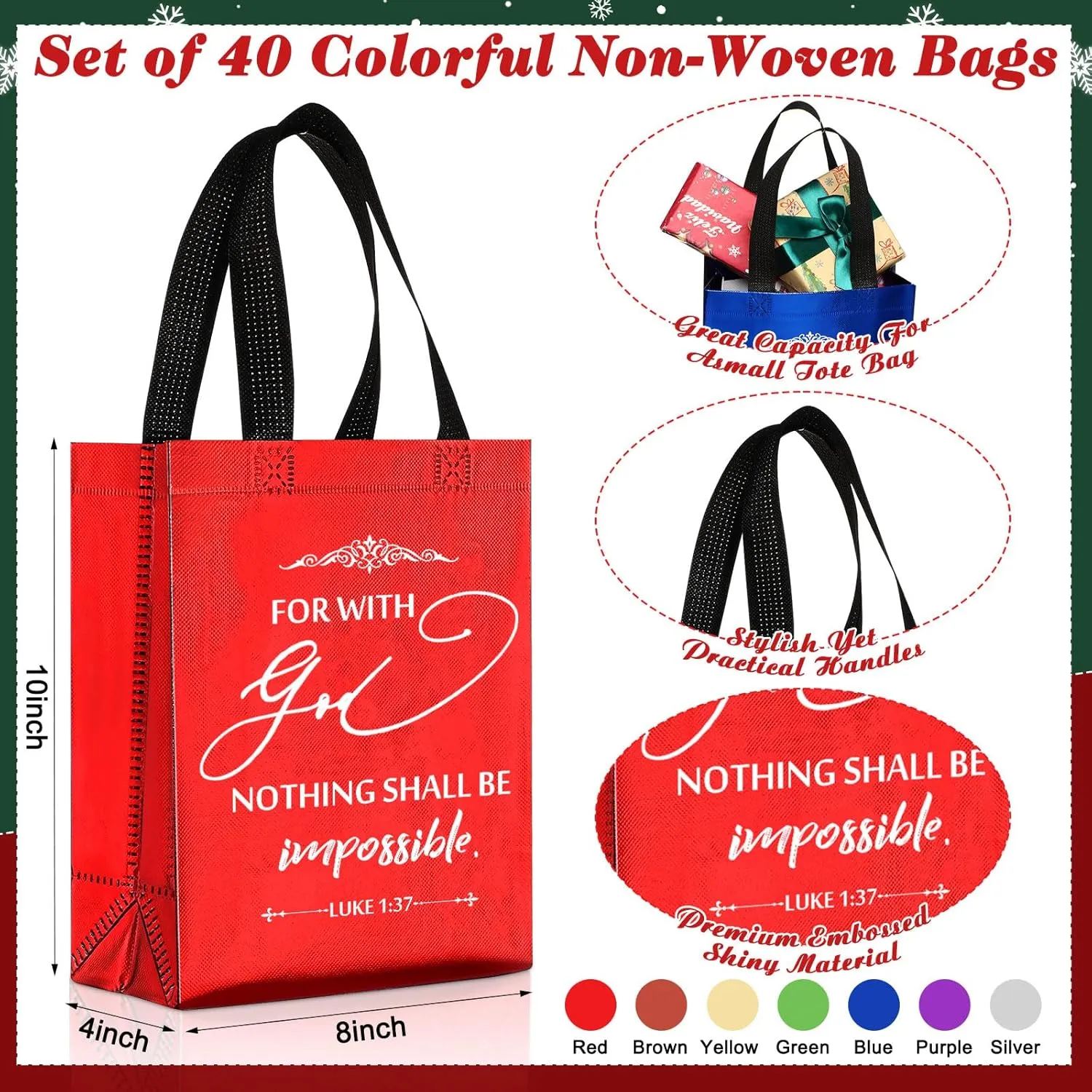 Aliceset 40 Pcs Religious Gift Bags Bulk with Handle 8 Colors Medium Reusable Bible Verse Non Woven Gift Bags for Welcome Visitors Church Baptism Easter Mother's Day Party Favors