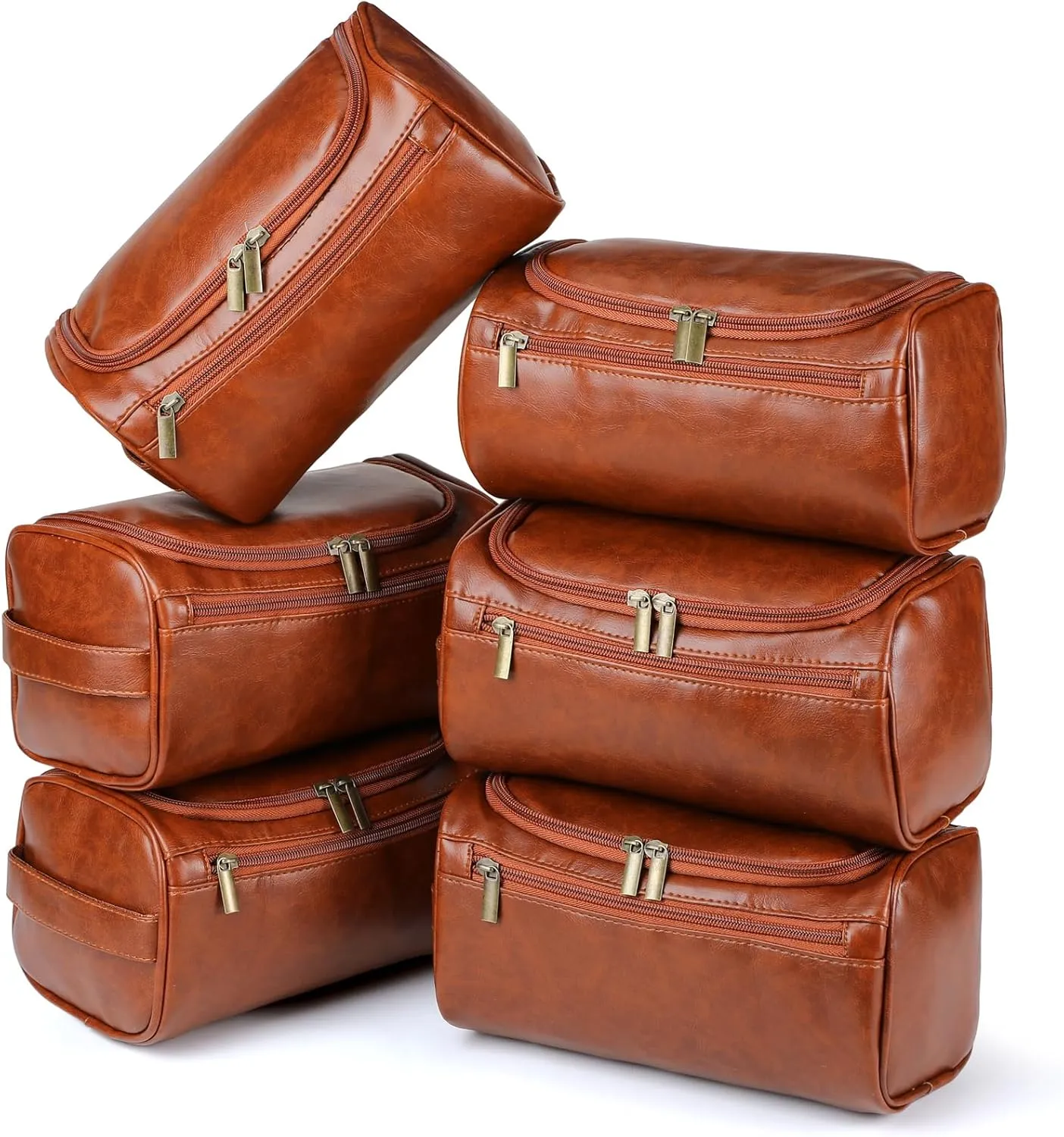 Aliceset 6 Pcs Groomsmen Gift Groomsmen Toiletry Bags Set of 6 Leather Toiletry Bag for Men with Hook Leather Wedding Proposal Bag with Side Handle Father Gift(Brown)