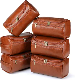 Aliceset 6 Pcs Groomsmen Gift Groomsmen Toiletry Bags Set of 6 Leather Toiletry Bag for Men with Hook Leather Wedding Proposal Bag with Side Handle Father Gift(Brown)