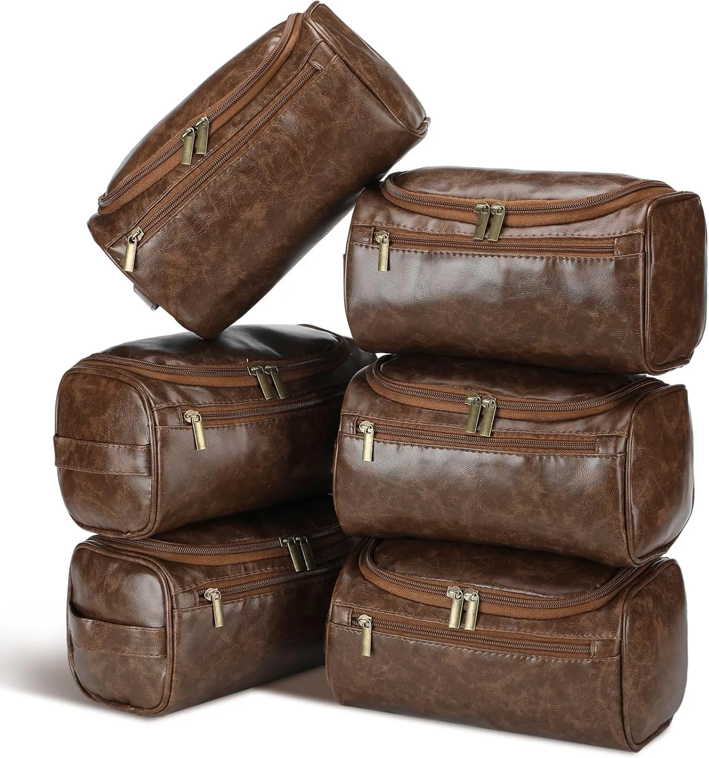 Aliceset 6 Pcs Groomsmen Gift Groomsmen Toiletry Bags Set of 6 Leather Toiletry Bag for Men with Hook Leather Wedding Proposal Bag with Side Handle Father Gift(Dark Brown)