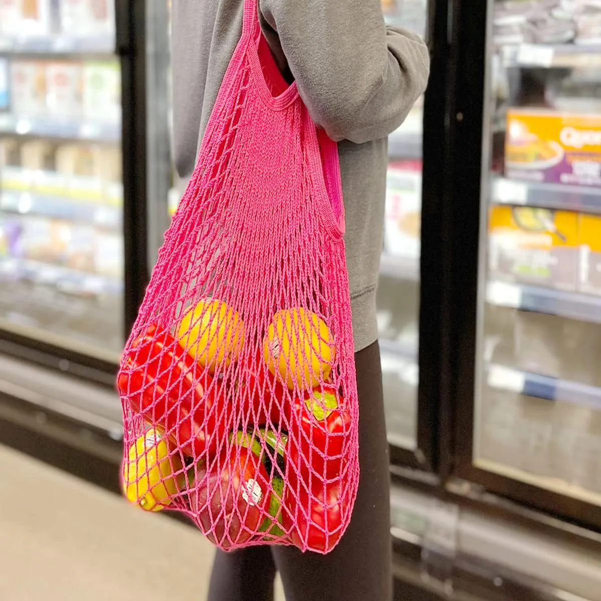allydrew Cotton Mesh Net Foldable Reusable Grocery Bag for Farmers Market, Vegetables, Produce (Set of 3), Yellow, Blue, Hot Pink