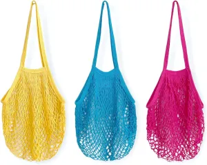 allydrew Cotton Mesh Net Foldable Reusable Grocery Bag for Farmers Market, Vegetables, Produce (Set of 3), Yellow, Blue, Hot Pink