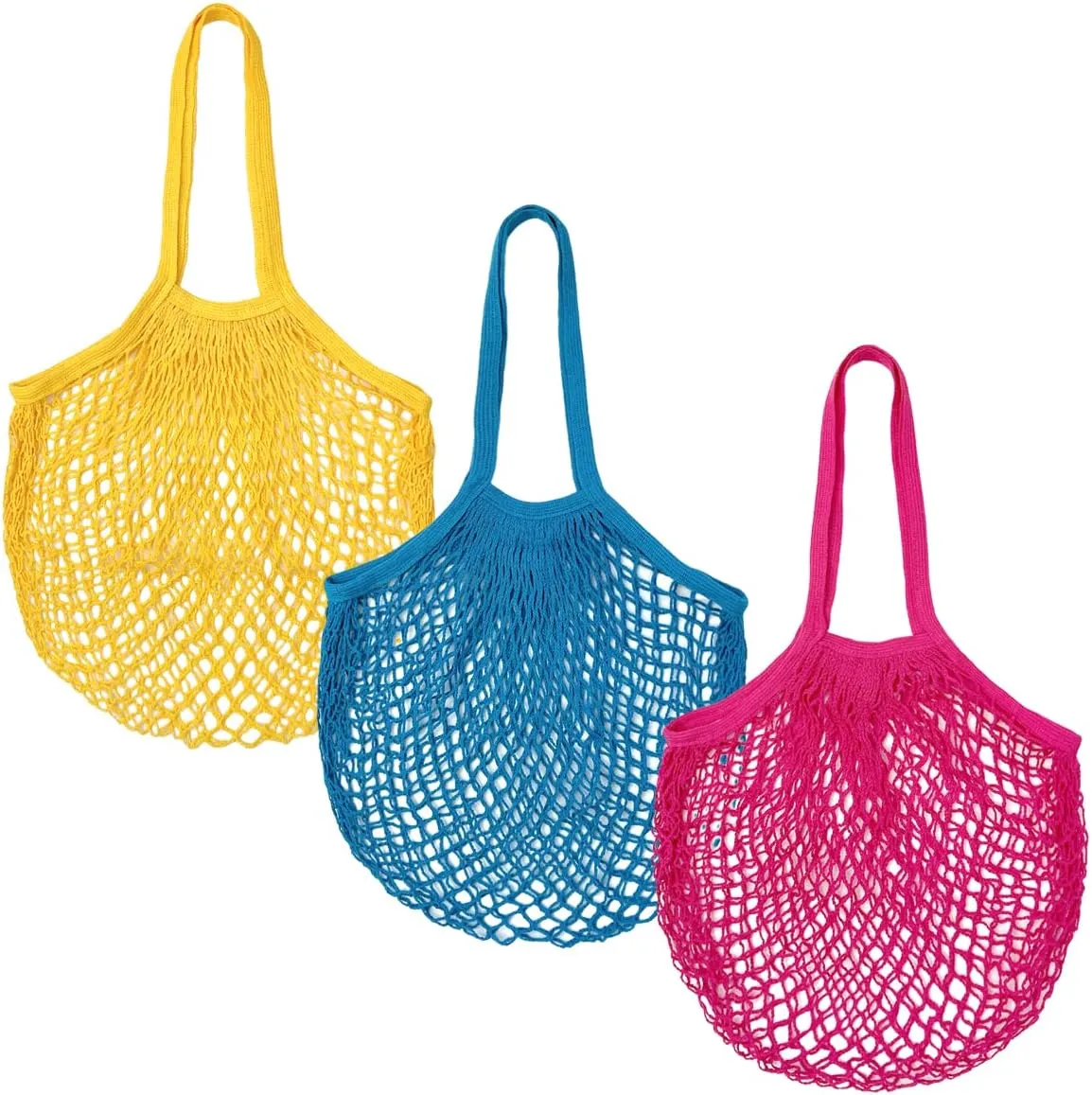 allydrew Cotton Mesh Net Foldable Reusable Grocery Bag for Farmers Market, Vegetables, Produce (Set of 3), Yellow, Blue, Hot Pink