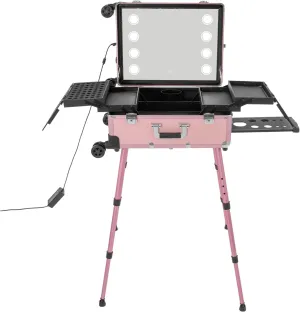 Aluminum Alloy Trolley Makeup Train Case, Rolling Cosmetic Organizer With 8 LED Lights, Lighted Makeup Case Travel Vanity Station, Standing Make up Box With Mirror, Cosmetology Case On Wheels