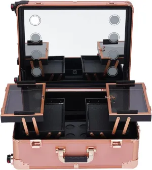 Aluminum Trolley Makeup Train Case with LED Light Professional Cosmetic 22'' Make up Cosmetic Organizer Studio with Stand Rolling Lighted Makeup Vanity Station 3 Color Light (Champagne Gold)