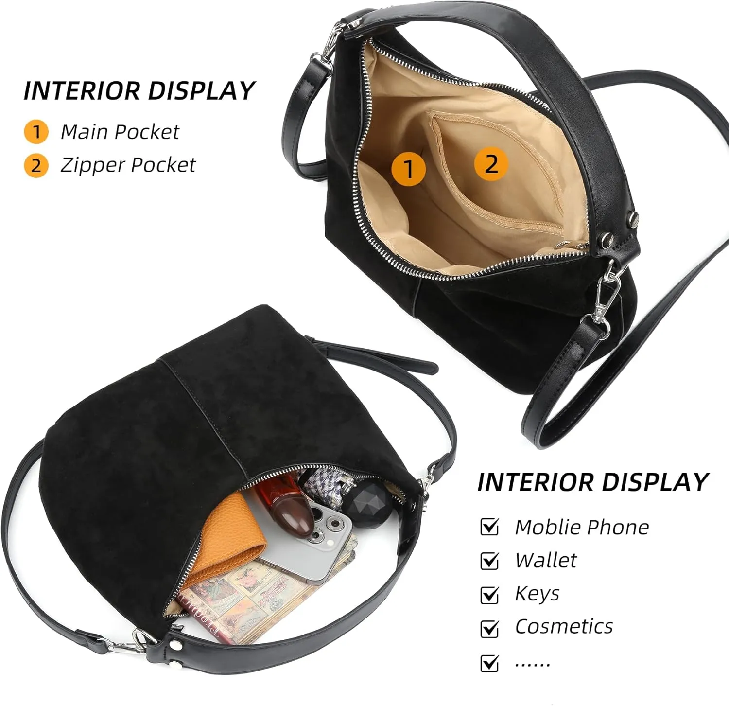 ALUSBELL Suede Tote Bags For Women Retro Suede Crossbody Shoulder Bag Crescent Satchel Hobo Bag Travel Work Purses Handbag