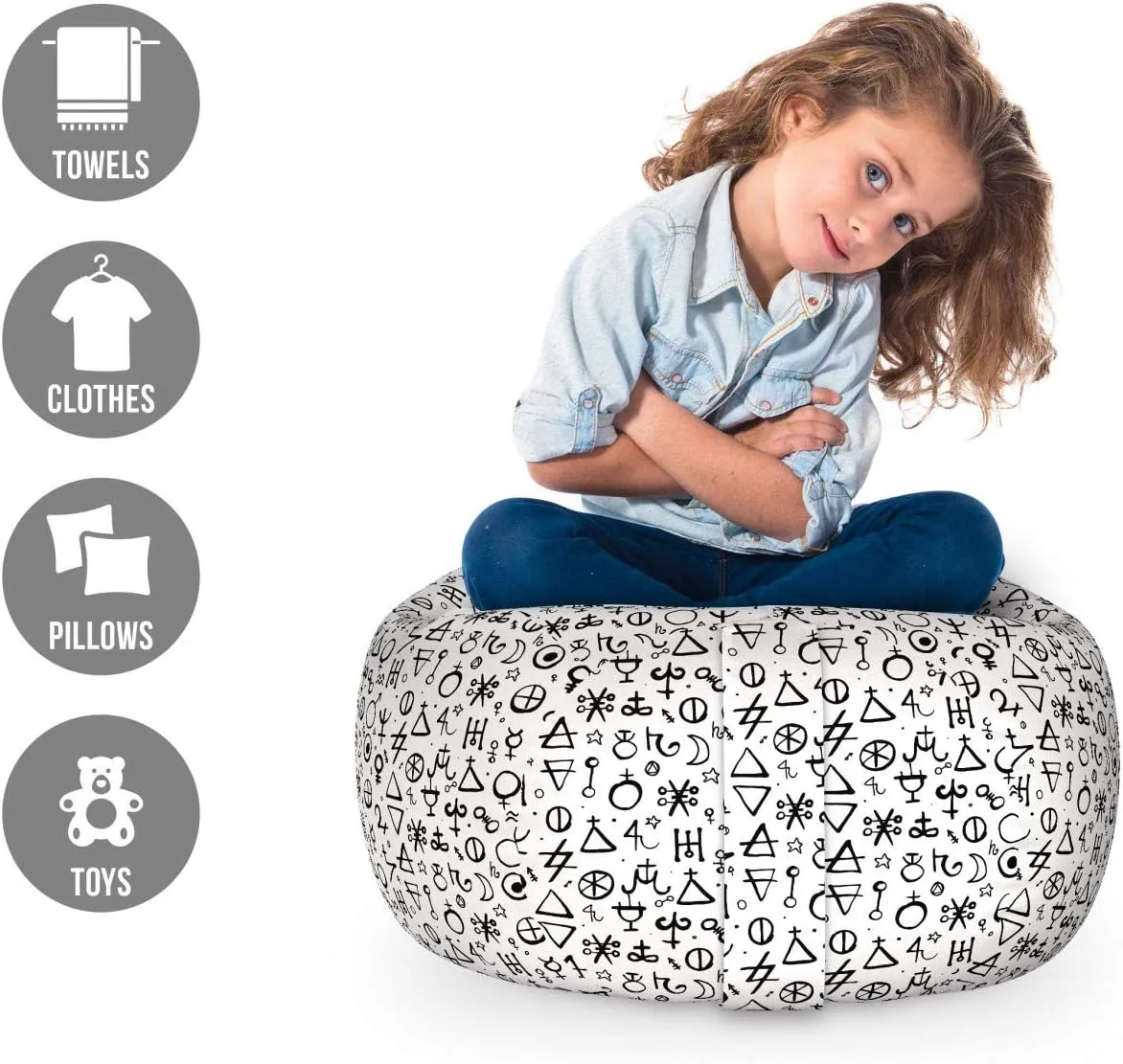 Ambesonne Astrology Storage Toy Bag Chair, Geometric Pattern with Alchemy and Esoteric Shapes Historic Wisdom Monochrome, Stuffed Animal Organizer Washable Bag, Small Size, White Black