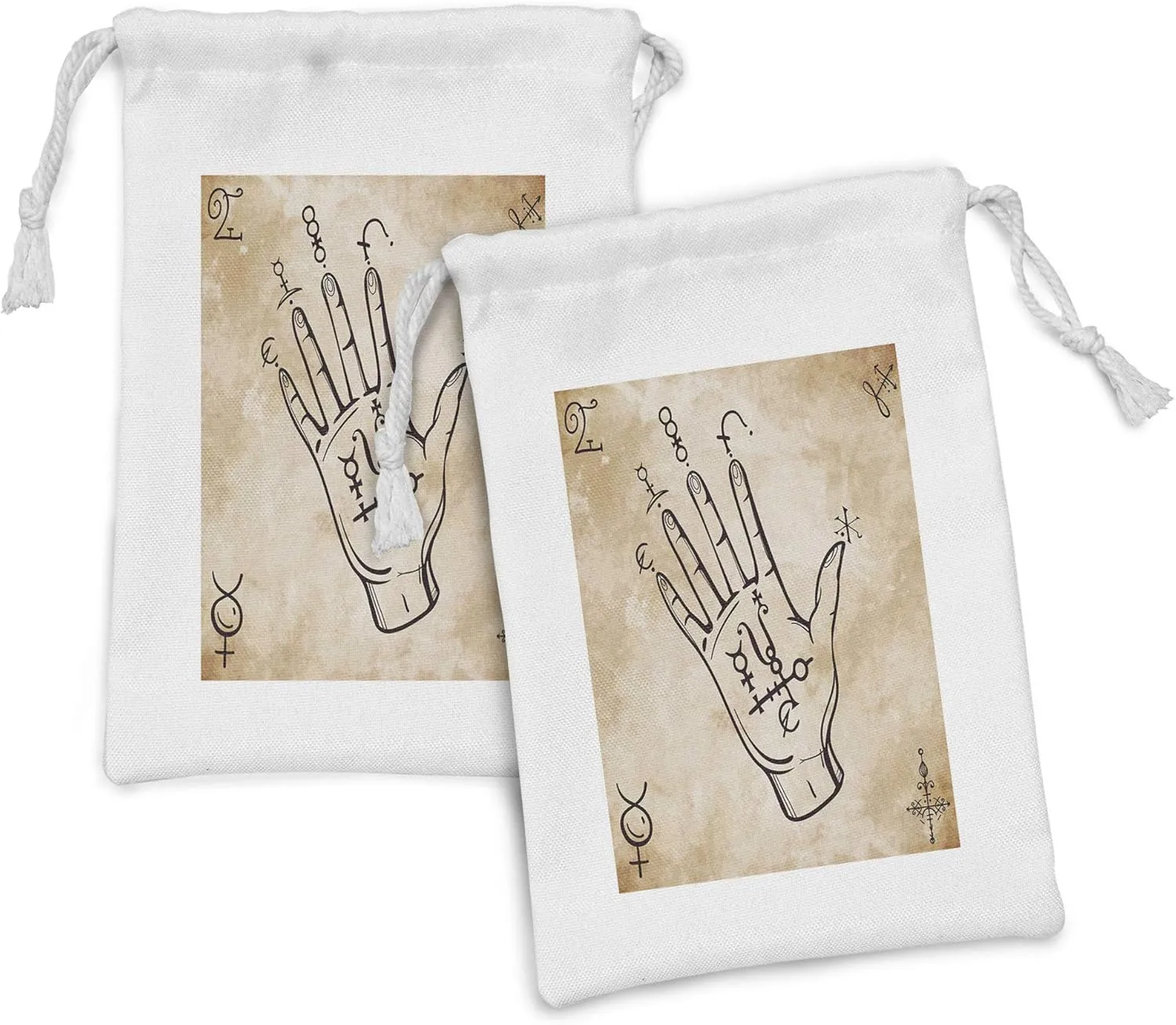 Ambesonne Bohemian Fabric Pouch Set of 2, Hand Sketch with Spell Signs on Grunge Medieval Retro Themed Art Antique Look, Small Drawstring Bag for Toiletries Masks and Favors, 9" x 6", Black and Tan