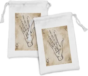 Ambesonne Bohemian Fabric Pouch Set of 2, Hand Sketch with Spell Signs on Grunge Medieval Retro Themed Art Antique Look, Small Drawstring Bag for Toiletries Masks and Favors, 9" x 6", Black and Tan