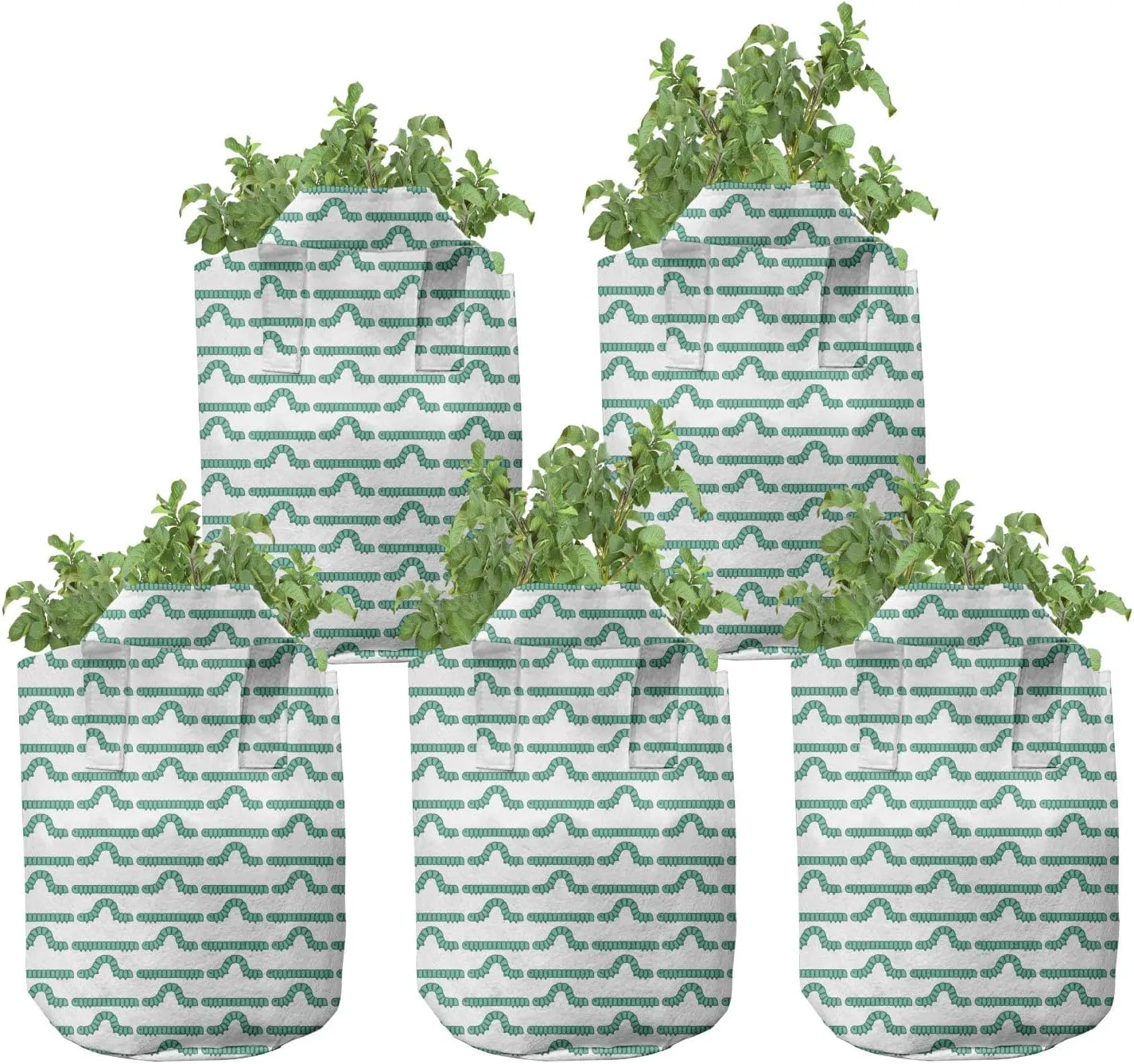 Ambesonne Caterpillar Grow Bags 5-Pack, Larva Type Bugs, Heavyduty Fabric Pots with Handles for Plants, 5 Gallon, Sea Green and White