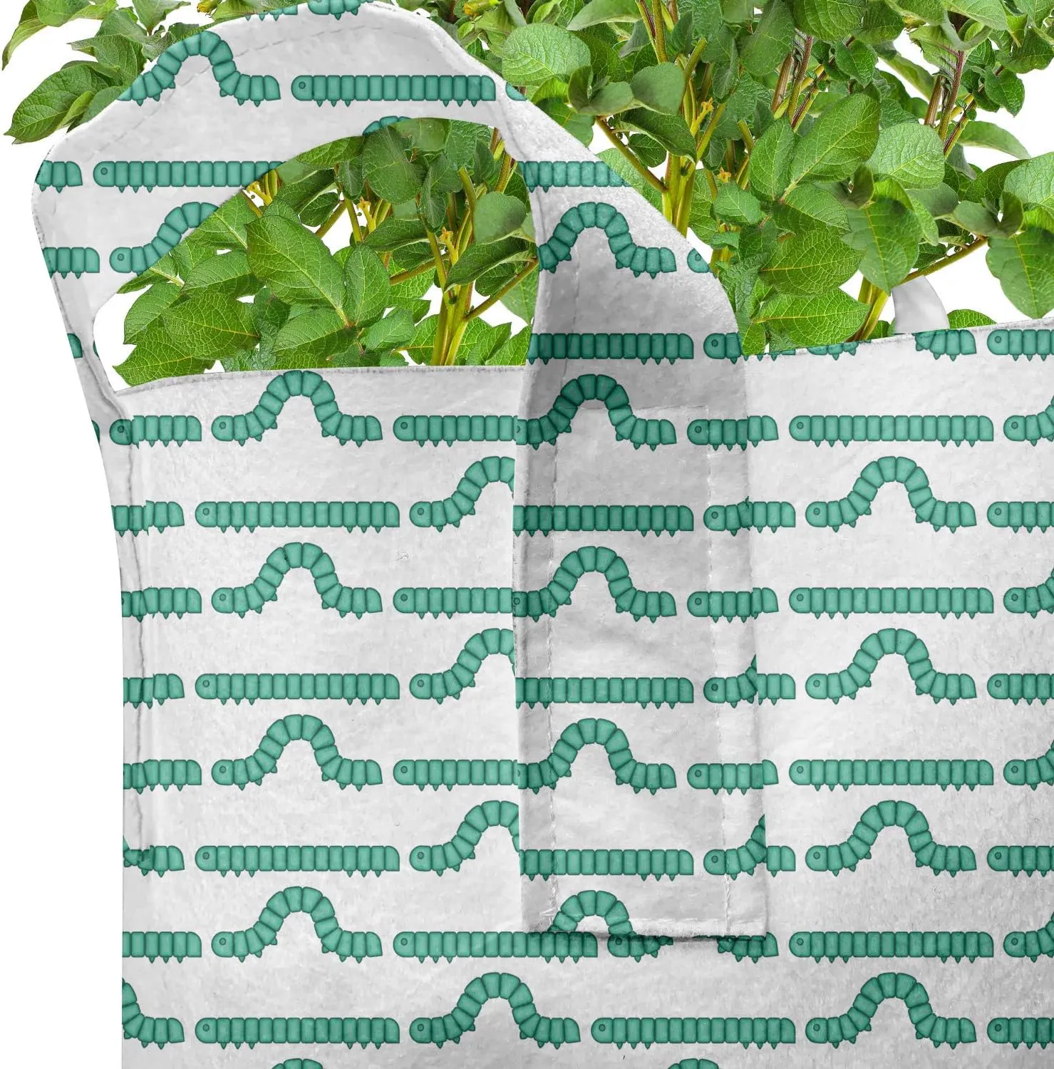 Ambesonne Caterpillar Grow Bags 5-Pack, Larva Type Bugs, Heavyduty Fabric Pots with Handles for Plants, 5 Gallon, Sea Green and White