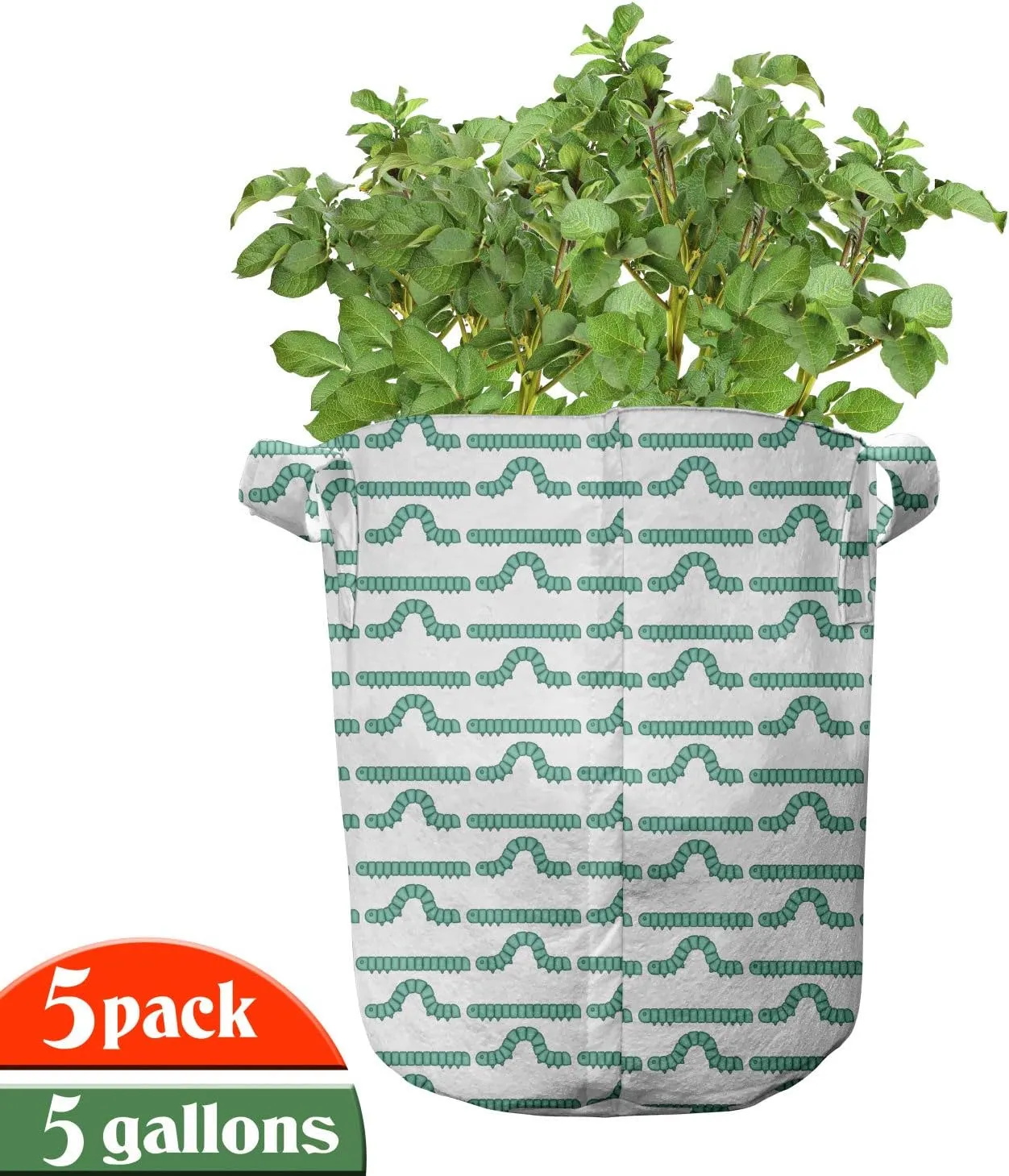 Ambesonne Caterpillar Grow Bags 5-Pack, Larva Type Bugs, Heavyduty Fabric Pots with Handles for Plants, 5 Gallon, Sea Green and White