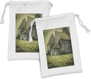 Ambesonne Country Fabric Pouch Set of 2, Farmer Field Barn Warehouse Midwest American Style Antique Artwork Print, Small Drawstring Bag for Toiletries Masks and Favors, 9" x 6", Multicolor