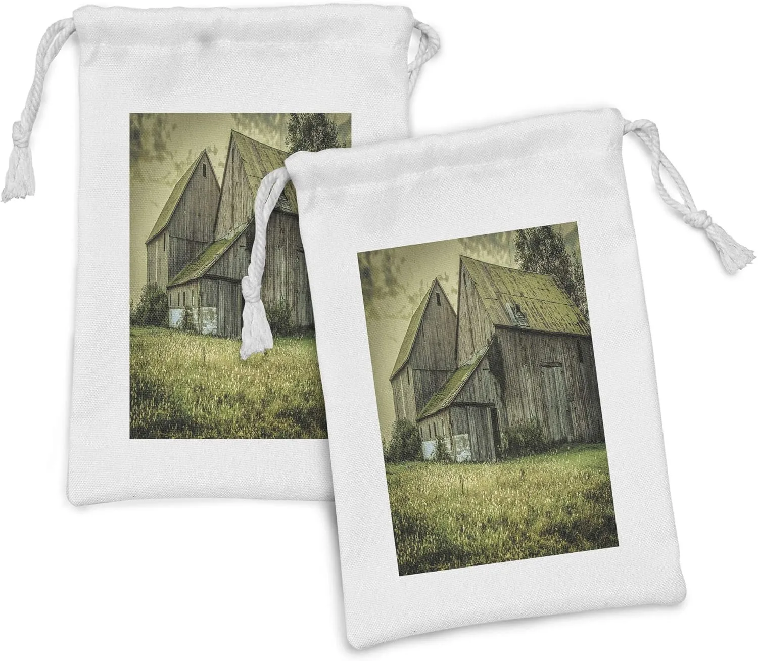 Ambesonne Country Fabric Pouch Set of 2, Farmer Field Barn Warehouse Midwest American Style Antique Artwork Print, Small Drawstring Bag for Toiletries Masks and Favors, 9" x 6", Multicolor