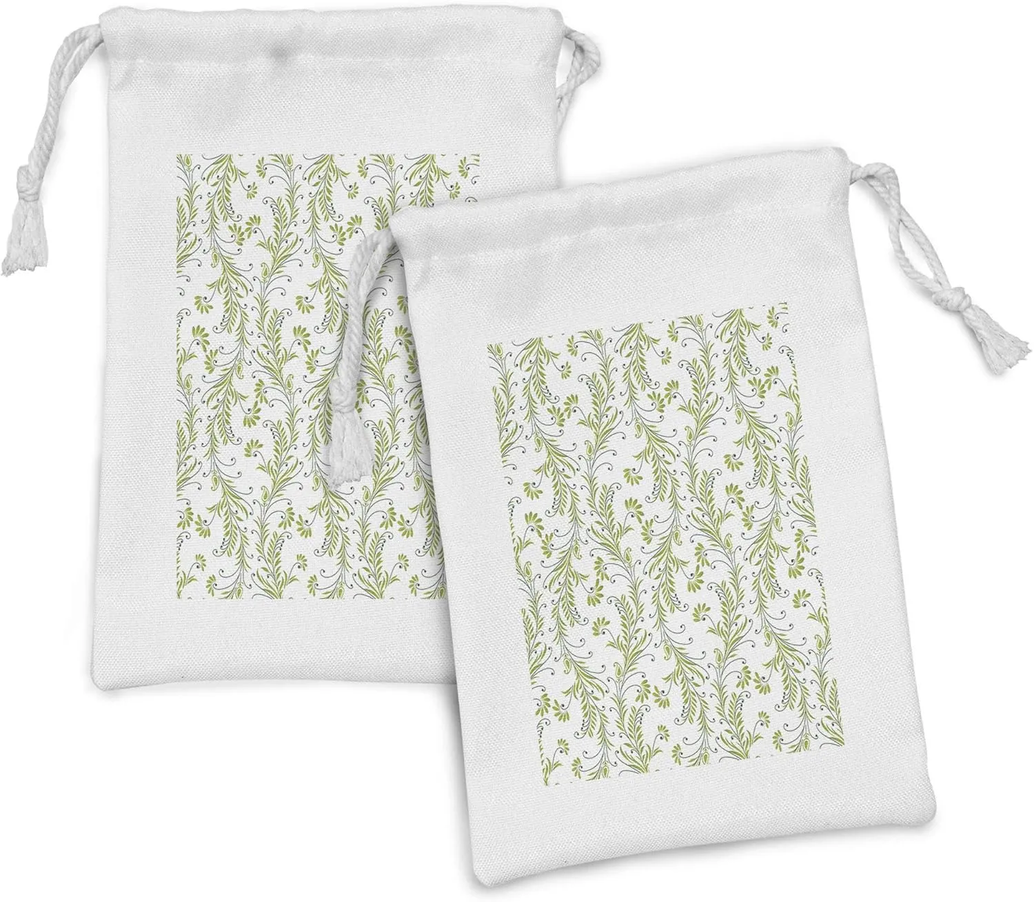 Ambesonne Flower Fabric Pouch Set of 2, Paisley Leaf Antique Stem Swirl Traditional Damask Fashion Stylize Flora, Small Drawstring Bag for Toiletries Masks and Favors, 9" x 6", Green Black White