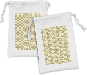 Ambesonne Geometric Fabric Pouch Set of 2, Convex Shape Concentric Diamonds and Concave Form Rotated Squares, Small Drawstring Bag for Toiletries Masks and Favors, 9" x 6", Earth Yellow and White
