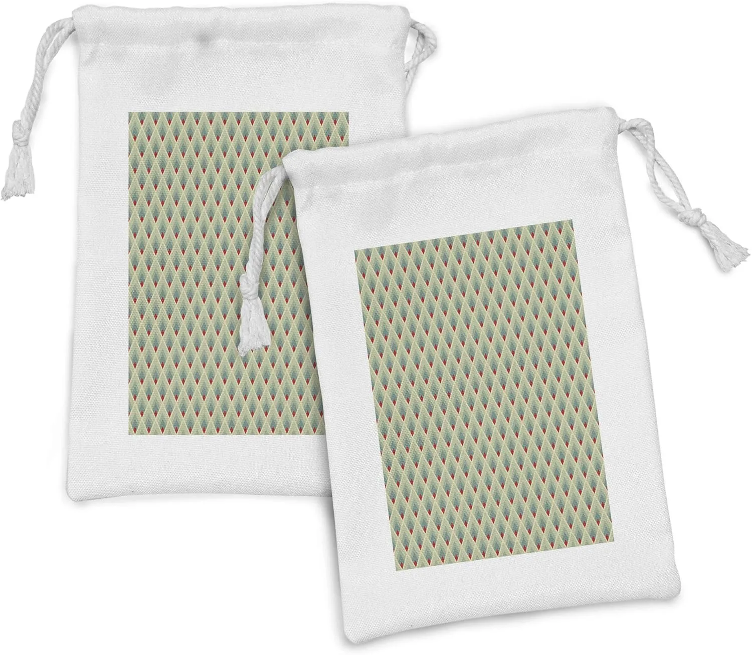 Ambesonne Geometric Fabric Pouch Set of 2, Mountain Shaped Upward Triangles Symmetrical Diamonds Contemporary Art, Small Drawstring Bag for Toiletries Masks and Favors, 9" x 6", Pale Green Red Ivory