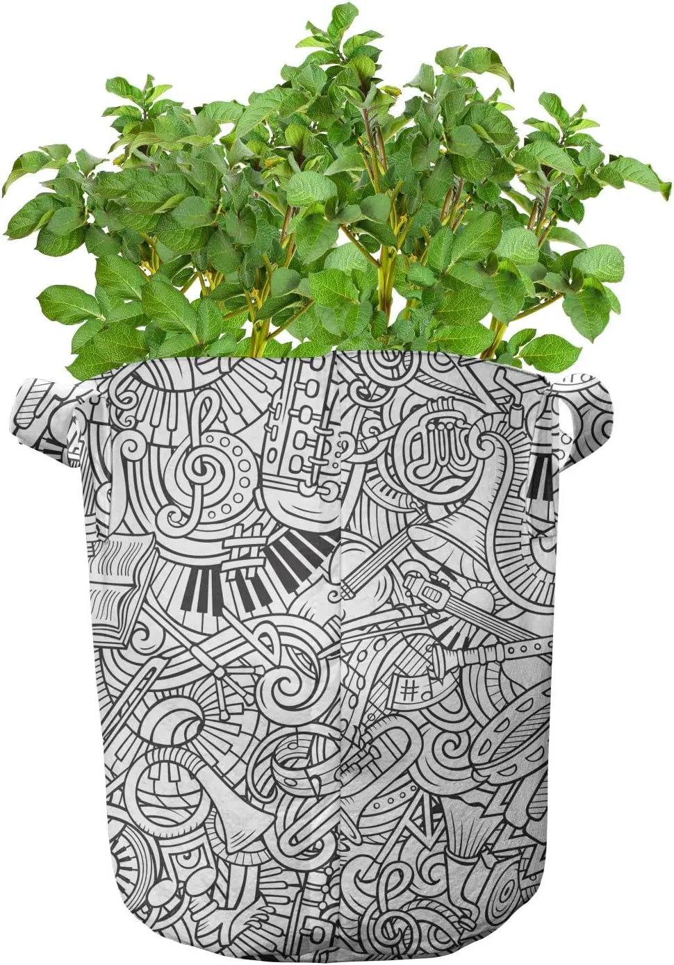 Ambesonne Music Grow Bags 5-Pack, Chaotic Doodle Musical, Heavyduty Fabric Pots with Handles for Plants, Charcoal Grey White