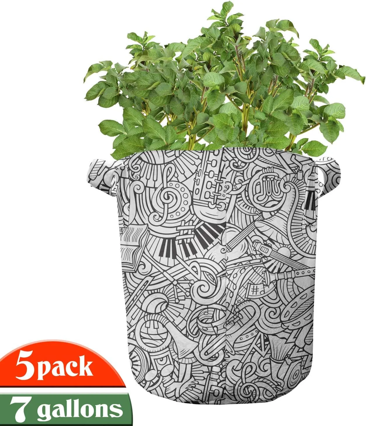 Ambesonne Music Grow Bags 5-Pack, Chaotic Doodle Musical, Heavyduty Fabric Pots with Handles for Plants, Charcoal Grey White